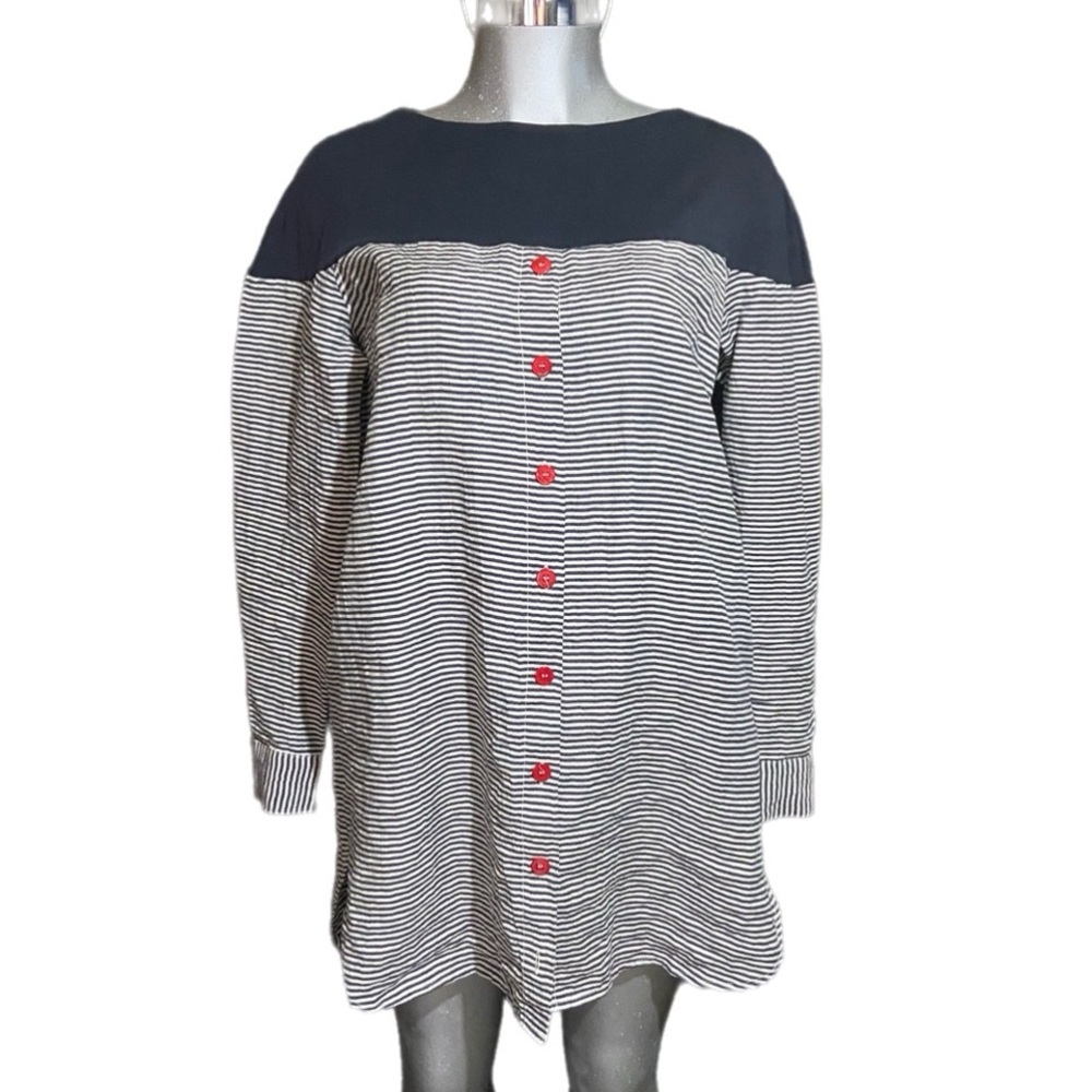 Chiara Cocol Linen/Cotton Striped Long Sleeve Tunic Top Twee Sz Large Italy Made